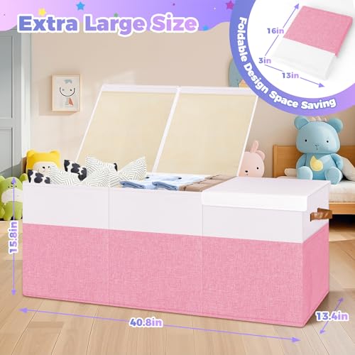 Extra Large Toy Storage Box with Lid, Collapsible Sturdy Toys Chest Storage Organizer Bin Basket with Divider for Kids, Boys, Girls, Closet, Playroom, Bedroom, Nursery, 40"X14"X16", Pink & White - color: Extra Large Pink & White