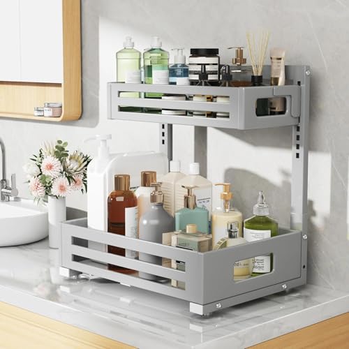 2 Pack Under Sink Organizer,Pull Out Cabinet Organizer With Smooth Cylindrical Rail,Metal Slide Out Drawer for Kitchen Bathroom Laundry Cabinet,8-Level Tool Free Height Adjustable-Gun Gray - color: Gun Gray, size: 2 Pack-15"Dx9.5"-16.7"H
