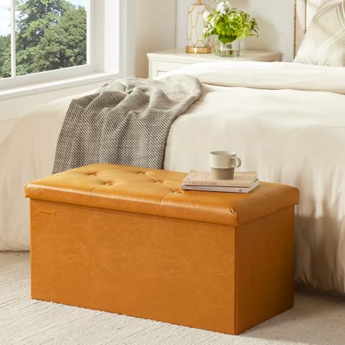 HAUSFRAU - Storage Ottoman Bench, 30 Inches Button Tufted Upholstered Ottoman Footstool with Storage for Living Room Bedroom Entryway, Load 660 lb, Synthetic Leather, Caramel - color: Caramel Brown, size: 15"D x 30"W x 15"H