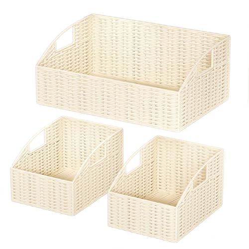 Ollieroo Rattan Storage Baskets, Handwoven Wicker Storage Bins with Built-in Handles, Storage Container Baskets for Shelves, Bedroom, Bathroom, Laundry Room or Kitchen(Beige) - color: Cream