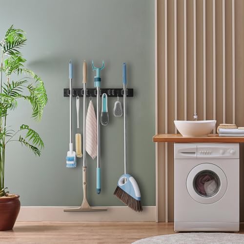 OUTNILI Mop and Broom Holder Wall Mount - Black Broom Mop Hanger - Wall Mounted Garden Tool Rack Organizer for Closet Garage Laundry Room Kitchen Decor With 5 Slots & 4 Hooks - color: Black-5 Grips, size: 1 Pack