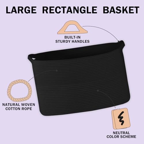 Extra Large Black Basket, 22" X 17" X 12" Rectangle Woven Bin for Storage, Soft Cotton Rope Kids Room Toy Box Bins, Big Wicker Basket Organizer for Blankets, Pillows, Laundry - color: Black