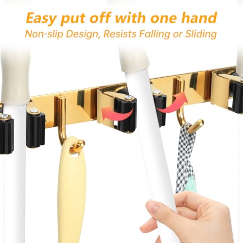 3 Racks and 4 Heavy Duty Hooks Mop and Broom Holder Wall Mount, Non-slip Organizer Storage Utility Tool Racks for Garage,Kitchen,Laundry Room,Garden. Gold - color: Gold