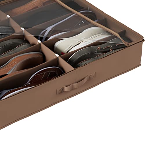 Everyday Home Under Bed Storage Shoe Organizer Bag with Clear Plastic Zippered Cover, Stores 12 Pairs of Shoes (Brown) (Pack of 2) - size: 2 pack