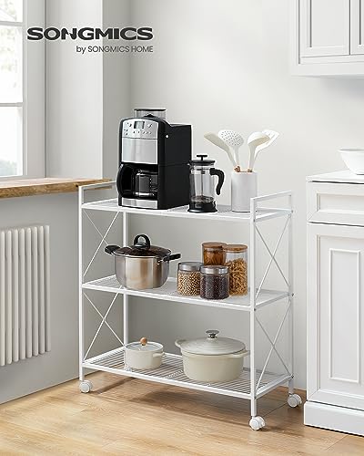 SONGMICS 3-Tier Metal Storage Rack with Wheels, Mesh Shelving Unit with X Side Frames, 31.5-Inch Width, for Entryway, Kitchen, Living Room, Bathroom, Industrial Style, White UBSC183W01 - color: White, size: 31.5"W