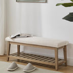 Zihanhome Entryway Bench, Chenille Upholstered Shoe Benches for Bedroom, Ottoman Bench with Solid Wood Shelf, Storage Benches for Hallway, Living Room(Beige) - color: Beige