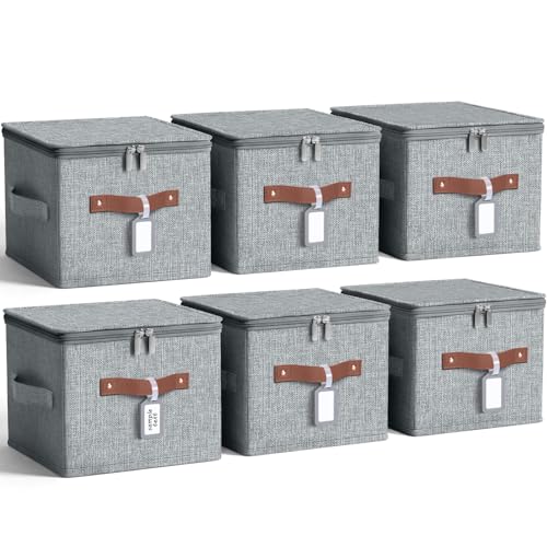 6 Pack 15 Inch Fabric Closet Storage Bins with Lids, 15x10x10In Large Foldable Cotton Linen Storage Cubes Boxes with PU Handle & Label Holder for Bedroom Organization, Shelf, Nursery, Gray - color: Gray, size: 15×10×10in