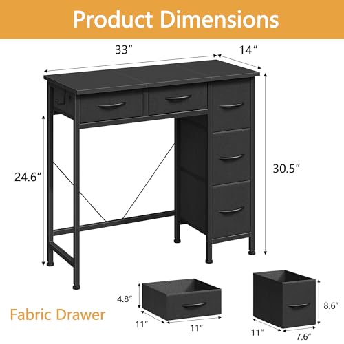 HIGDBFE Small Desk with 5 Fabric Drawers, 33 Inch Writing Desk for Home Office, Simple PC Desks for Small Place, Kids Girls Teen Study Table Vanity for Bedroom, Dorm, Black, 14" D - color: Black