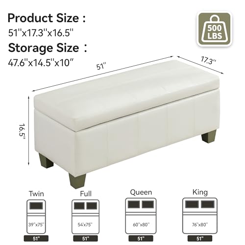 WUTUTUEE 51" Faux Leather Storage Ottoman, Stitch Tufted Rectangle Upholstered End of Bed Storage Bench, Entryway Large Couch Ottoman with Wooden Legs,White - color: White, size: 51 Inch