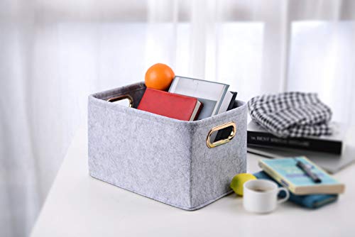 Collapsible Storage Bins Foldable Felt Fabric Storage Basket Organizer Boxes Containers with Handles Metal Handles for Nursery Toys,Kids Room,Clothes,Towels,Magazine - color: Light Grey, size: 13.9L×9.6W×8.2H