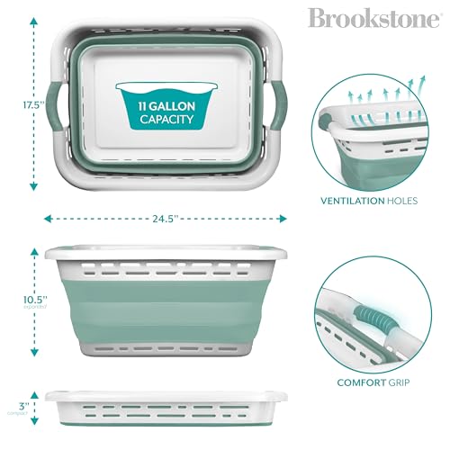 BROOKSTONE 11 GALLON XL 24" Collapsible Laundry Basket & Clothes Hamper, Comfort Non-Slip Handles, Modern Laundry Hamper with Space Saving Design, Portable Pop-Up Hamper, BPA FREE, Mint, 1 Pack - color: Mint Green, size: XL