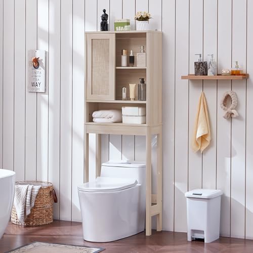LEYAOYAO Rattan Over The Toilet Storage Cabinet, Farmhouse Over Toilet Bathroom Organizer with Sliding Door, 68" Tall Freestanding Washer Shelf with Adjustable Shelf & Curved Profile, Grey White - color: Grey White, size: 10"D×23.3"W×68"H