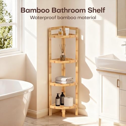 2026 New Bamboo Standing Shelf, 4 Tier Corner Shelf Stand, Free-Standing Shelf Units, Triangular Curved Corner Shelf Stand for Space-Saving Display Ideal for Bathroom/Kitchen/Living Room Storage - size: 4-Tier