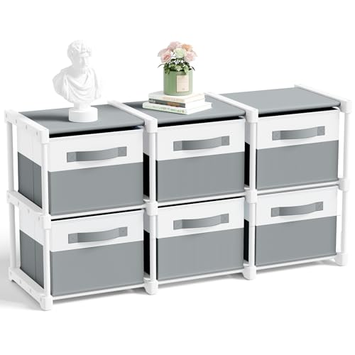 Thyle Large Cube Storage Organizer Shelf with 6 Bins 14 Inch Fabric Collapsible Cubby Storage Drawers Shelving Unit for Christmas Ornaments Clothes Toys Craft(Gray-white,Minimalist) - color: Gray-White, style: Minimalist