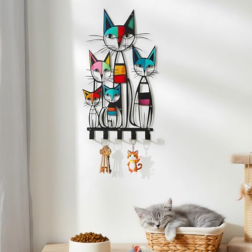 Mid Century Wall Mounted Coat Rack with 5 Hooks Retro Colorful Cat Wall Art Decor Decorative Black Metal Hanger for Coats, Hats, Bags, Keys, Towels for Home, Bathroom, Office (Classic) - style: Classic