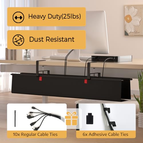 Under Desk Cable Management Tray - 36" Cord Organizer for Desk No Drill, Fabric Under Table Wire Organizer with 16X Cable Ties Hide for Office/Home, Cord Hider Fits Adapters & Sockets, Black - color: Black, size: 36'' L