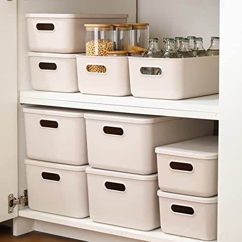 Yishyfier Plastic Storage Baskets With Lid Organizing Container Lidded Knit Storage Organizer Bins for Shelves Drawers Desktop Closet Playroom Classroom Office (4M+2S, Light grey) - size: 4M+2S