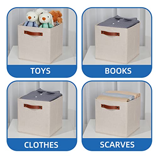 Temary 11x11 Storage Cubes Fabric Storage Cubes Storage Bins with Dual Leather Handles Canvas Storage Boxes for Organizing Home, Shelf, Closet (Beige, 11 x 11 x 11) - color: Beige, size: 11×11×11