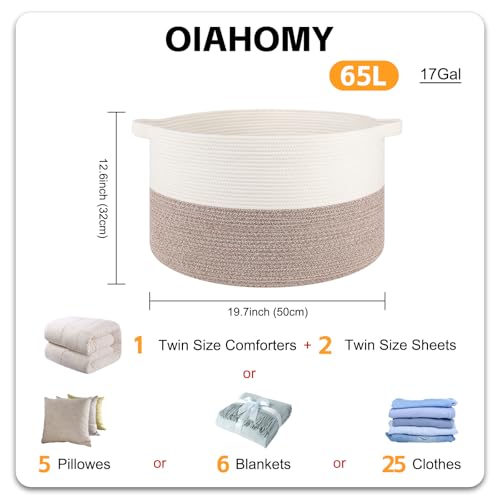 OIAHOMY Large Blanket Basket for Living Room, 19.7" x 12.6" Woven Cotton Rope Laundry Basket for Organizing Pillows, Decorative Stuffed Animal Toy Storage Bin for Nursery, White and Linen Brown - color: White and Linen Brown, size: 19.7"D x 12.6"H