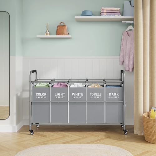 Tajsoon 5 Bag Laundry Sorter Cart, Laundry Hamper Sorter Basket with Heavy Duty Lockable Rolling Wheels for Clothes Storage, Grey & White - color: Grey & White