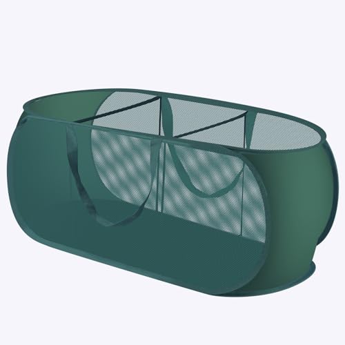 Up Laundry Hamper - Collapsible Mesh up Laundry Basket, 3 Compartments Collapsible Mesh Laundry Baskets Clothes Foldable Tote with Handle for Bathroom, College Dorm, Travel (Green)