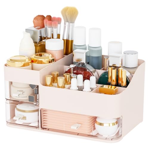 Pink Make up Organizers for Vanity with 3 Drawers,Large Skincare Organizers for Countertop,Desk,Dresser,Plastic Bathroom Counter Organizer for Eyeshadow Palettes,Perfume,Make up Brush Organization - color: Pink, size: Large-3 Drawers