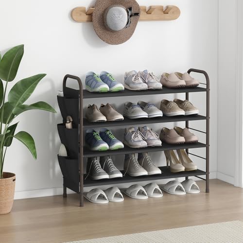 SUOERNUO Shoe Rack Storage Organizer 4 Tier Free Standing Metal Shoe Shelf Compact Shoe Organizer with Side Bag for Entryway Closet Bedroom,Bronze - color: Bronze, size: 4 Tier