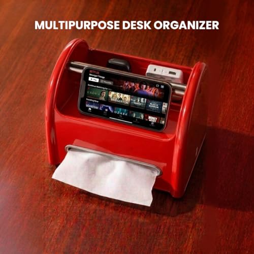 Tissue Box Cover Rectangular with Storage Tray, Multifunctional Facial Tissue Holder and Desk Organizer Napkin Holder - Phone Holder for Car Bathroom Office Living Room Bedroom - Red - color: Red