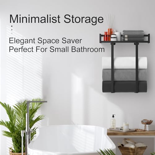 Towel Racks for Bathroom Wall Mounted, Xstydes Metal Towel Holder with Wooden Shelf for Folding Large Towels, Towel Storage for Small Bathroom Organizer Decor or RV Camping, Black - color: Black, size: Small