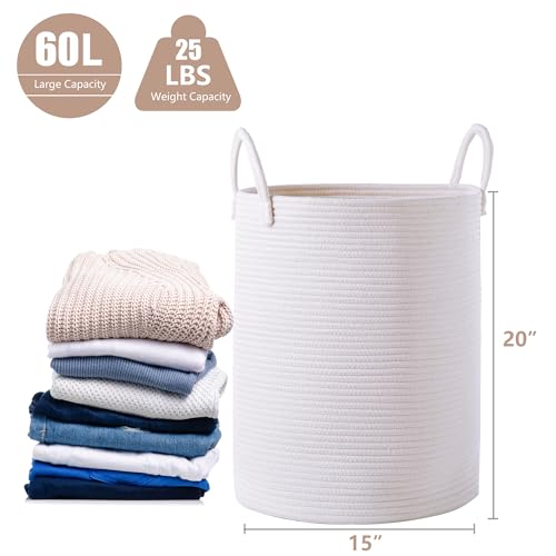 60L Pure White Woven Hamper Laundry Basket Cotton Rope Blanket Basket for Living Room 15Dx20H inches Tall Clothes Hamper for Baby Nursery Kids in Bedroom Large - color: White, size: Large (60L)