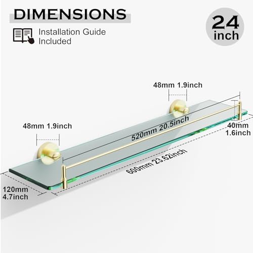 24 Inch Glass Bathroom Shelves,Brushed Gold Floating Shelves for Wall Rectangular Modern Stainless Steel Glass Shelf for Bathroom Shelves Wall Mounted - color: Brushed Gold, size: 24"with railing
