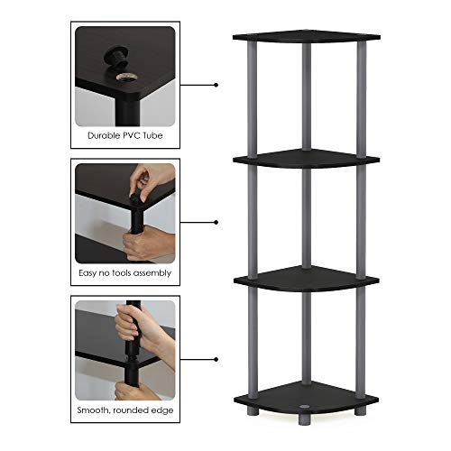 Furinno TURN-N-TUBE Corner Shelf, 4-Tier Corner Bookshelf, Display Storage Shelves with Open Shelves, for Organization and Storage, Living Room, Home Office, Garage, Black - color: Black/Grey, size: 4-Tier Round Tube