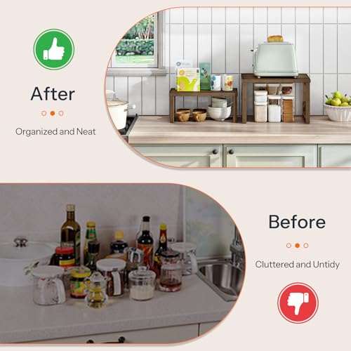 HOOBRO Cabinet Organizer Shelf, Set of 2 Kitchen Counter Shelves, Expandable Kitchen Storage, Stackable Bamboo Spice Rack, for Kitchen, Countertop, Office Desk, Living Room, Mocha MA20TL01 - color: Mocha