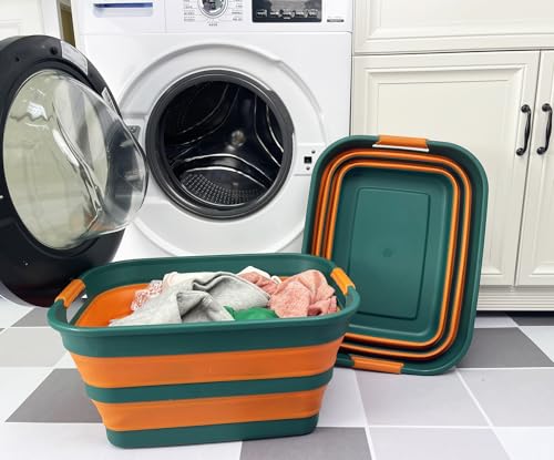 SAMMART Collapsible Plastic Laundry Basket with Handle/Foldable Pop Up Storage Hamper/Portable Laundry Organizer-Space Saving Washing Tub/Household Storage (Teal Green/Autumn leaf, 27L (Set of 2)) - color: Teal Green/Autumn leaf, size: 27L (Set of 2)