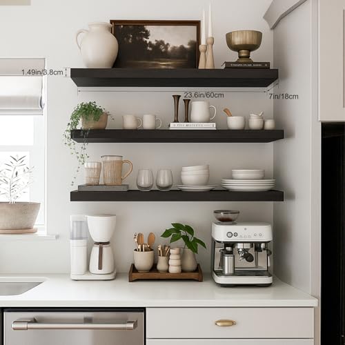 Floating Shelves for Wall, Bathroom Shelves Over Toilet, Wall Shelves & Book Shelf for Room, Hanging Shelf, Modern Wooden Mounted Floating Shelves, 24x7x1.5 in (Black, Set of 3) - color: Black, size: 24"(set of 3)