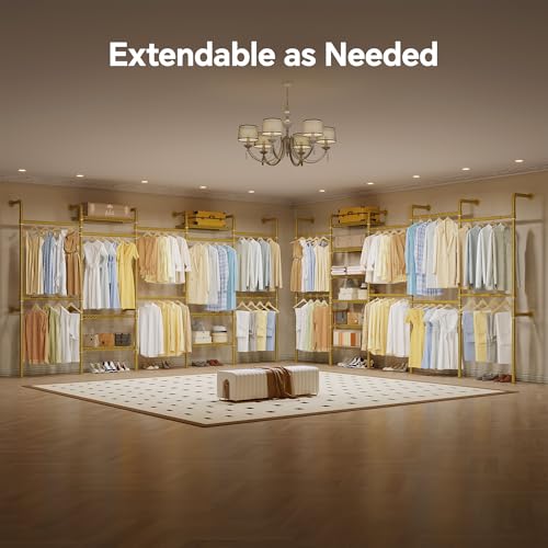 Higeego W5 Adjustable Clothing Rack, Wall Mounted Closet System Expandable Clothes Rack Adjustable Shelves, Heavy Duty Pipe Wardrobe for Walk-in/Reach-in Closet, 9-12 ft Wide 1300LBS Load, Gold - color: Gold