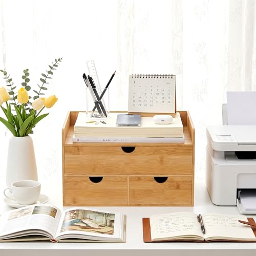 Desk Organizer with Drawers - Bamboo Desktop Organizer Storage | Wood Desk Drawers Organizer for Bills, Office Supplies, Cosmetics, Seals No Assembly Required - color: Nature-S1X2, size: 13"L x 9.84x 7.08"H