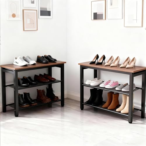 3-Tier Shoe Rack Bench, Hardwood & Alloy Steal Entryway Storage Organizer for Front Door Entrance, Bedroom, Living Room, 300lb Capacity (3-Tier Shoe Bench (Metal Mesh)) - size: 3-Tier Shoe Bench (Metal Mesh)