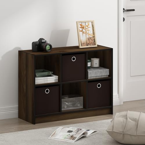 Furinno BASIC Book Shelf, 6-Cube Bookshelf with Open Shelf, 3 x 2 Bookcase with Storage Bins, Closed Back, Horizontal, 11.9 x 31.6 x 23.6, for Living Room, Bedroom, Home Office, Columbia Walnut - color: Columbia Walnut/Dark Brown, size: 6-Cube with Bin