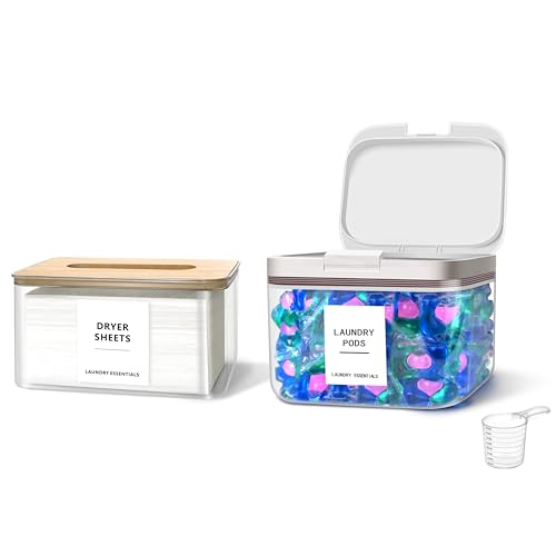 2 Pack Laundry Pods Container and Dryer Sheet Holder for Laundry Room Organization, Laundry Pod Up Holder with 30 Labels and Scoops, Laundry Detergent Powder Container, Scent Booster Holder - color: 2.8L+DSH