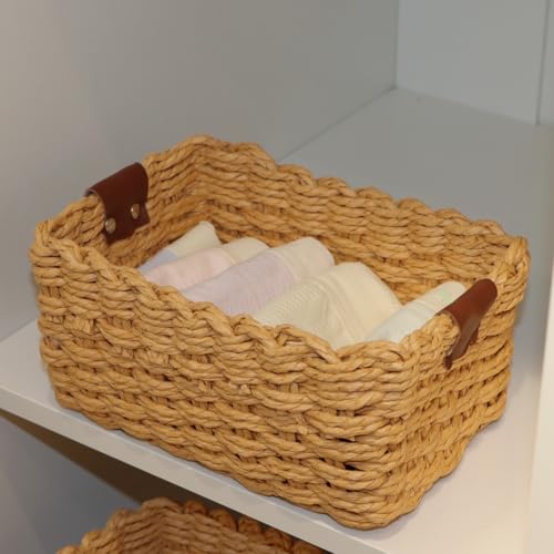Small Paper rope baskets for Organizing,Cute woven storage Little basket for Home，Shelves, Bathroom,Decorative basket,Set of 3 (Desert color) - color: Desert color