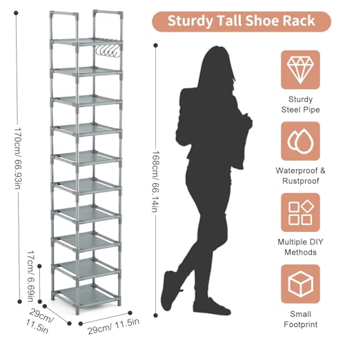 LANTEFUL Narrow Shoe Rack 10-Tier Tall Shoe Organizer Skinny Shoe Shelf Storage for 10-15 Pairs Shoe and Boot, Space Saving Corner Shoe Rack Organizer for Closet, Entryway, Living Room, Grey - color: Grey, size: 10 tiers