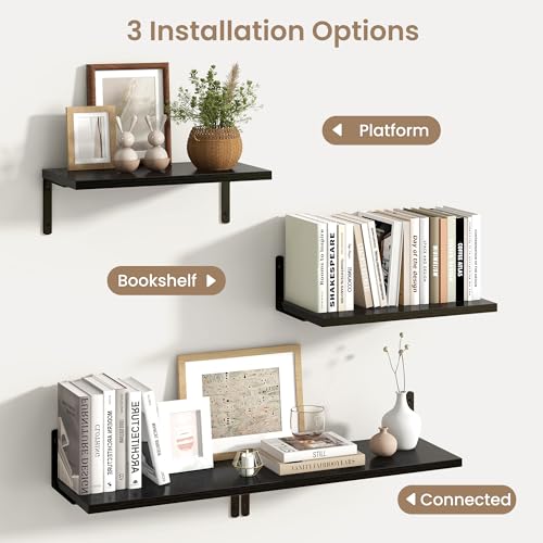 Fun Memories Deep Floating Shelves, 16W x 8D Floating Shelves Set of 2, Wall Mounted Shelf with Metal Brackets, Rustic Wood Wall Shelf for Bathroom, Kitchen and Living Room, Black - color: Black- L Bracket, size: 16"W x 8"D