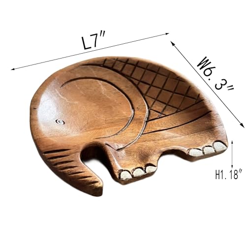 Handcrafted Wooden Elephant Tray – Thai Artisan Carved Decorative Plate, Rustic Boho Elephant Decor for Home, Jewelry & Key Organizer, Coffee Table Accent, 7 Inch