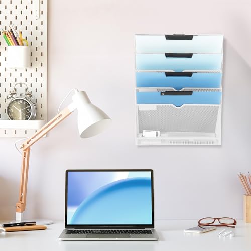 EASEPRES 6 Tier Mesh Hanging Wall File Organizer, Desk Vertical Mail Paper Document Folder Holder Rack with Bottom Tray and Nametag Label for Office Home School, White - color: White, size: 6 Tier