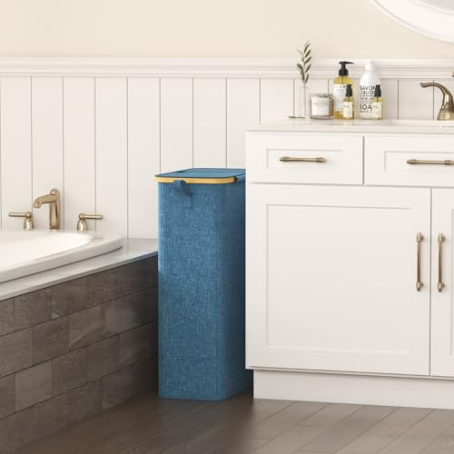 Lifewit 75L Slim Laundry Hamper with Lid, Narrow Laundry Basket with Removable Bag & Bamboo Handles, Fodable Thin Dirty Clothes Hamper for Laundry Collapsible Bin for Bathroom Bedroom Dorm, Dark Blue - color: Dark Blue, size: 75L