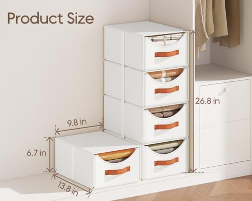 Homsorout Stackable Storage Drawers - Collapsible Storage Bins with Drawers, 4 Pack Closet Shelf Organizer Basket, Fabric Pull Out Organizer for Bedroom, Living Room, Dorm, White - color: White, size: 13.7 Inch. - 4 Pack