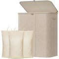 Lifewit 185L Large 3 Section Laundry Hamper with Lid, Plastic Laundry Basket with Bamboo Handles and Removable Bags, Tall Foldable Clothes Hamper for Bathroom Bedroom, Beige - color: Beige