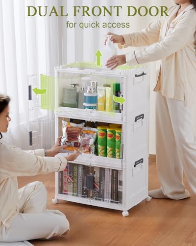 OlarHike 144QT Lockable Storage Bins with Lids - Folding Storage Cabinet with Doors and Wheels, Collapsible Plastic Box for Closets, Office, Stackable Organizer and Containers, Gifts, 3 Pack Cubes - size: 48QT-White, style: 3Pack