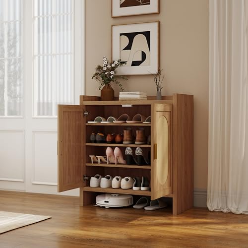 Panana 5 Layer Farmhouse Style Shoe Cabinet, Wooden Freestanding Shoe Rack with 2 Doors and Adjustable Shelves, Shoe Storage Organizer for Entryway Hallway Closet (Rattan Brown, 5 Tier) - color: Rattan Brown, size: 5 Tier